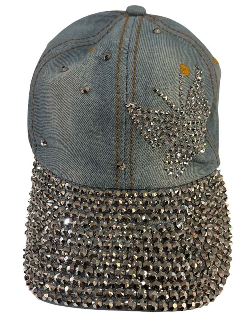 Studded Denim Baseball Cap with Rhinestone Butterfly - Light Blue